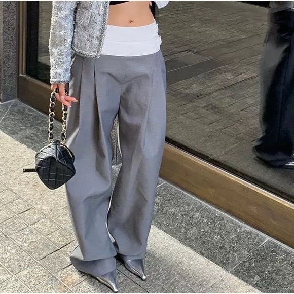 double waist contrast colorwide leg pants